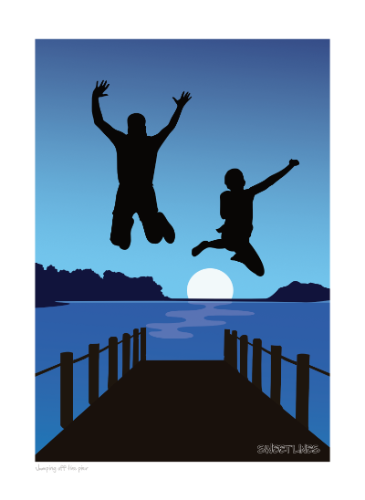 Two jumping off the pier
